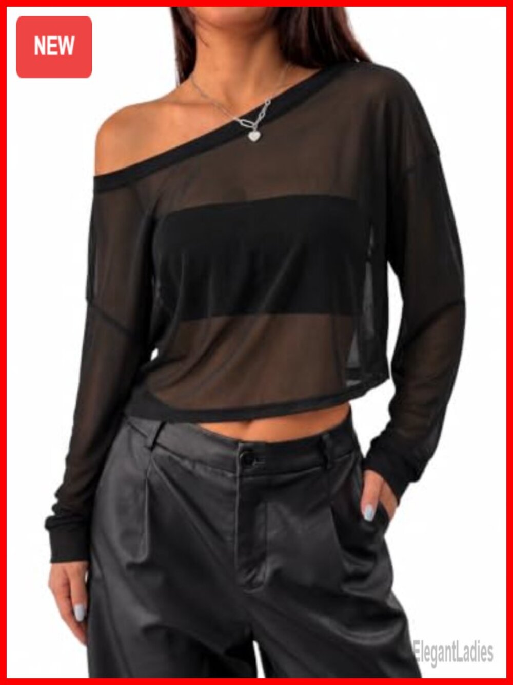 Women Off Shoulder Long Sleeve Sheer Mesh Crop Top